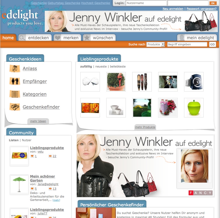 Startseite der Shoppingplattform edelight Startseite edelight